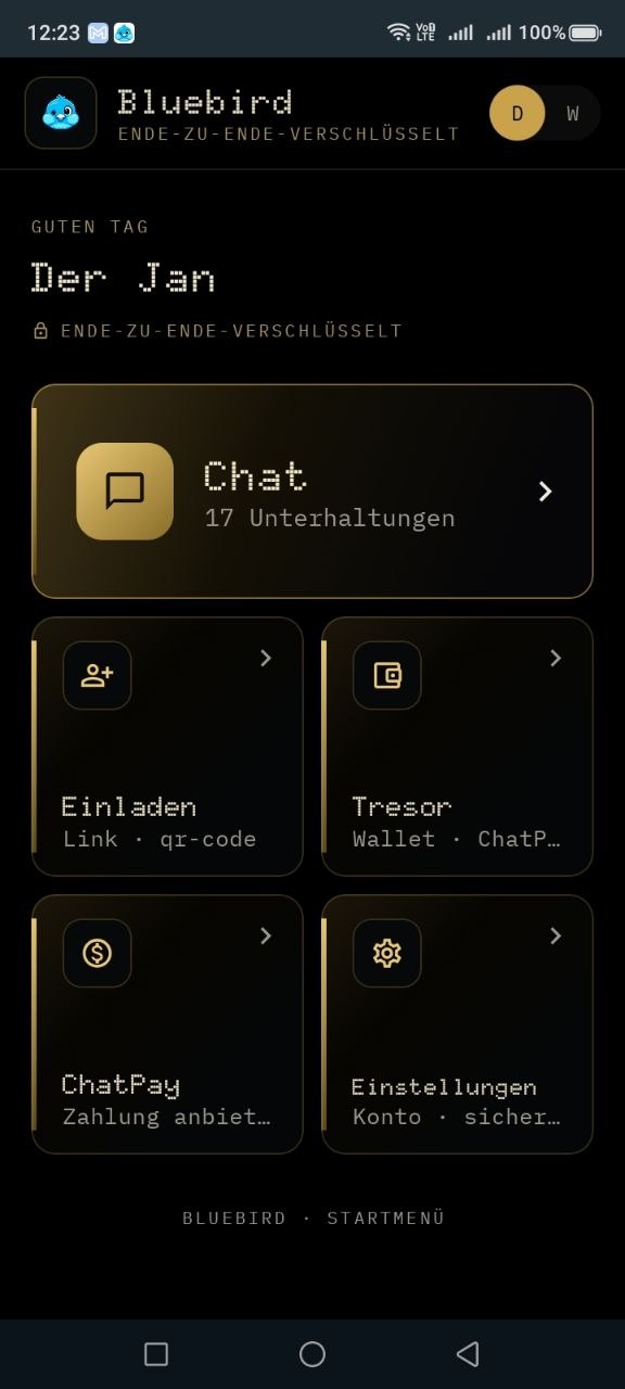 Anonymisierte Bluebird-App mit Chat, Einladen, Tresor, Shop und Einstellungen